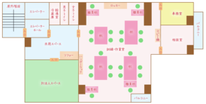 横浜市中区の就労継続支援A型事業所・ほまれの家横浜の、施設内の見取り図です。