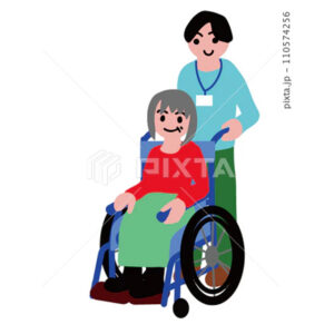 車椅子に乗るお年寄りの女性と介護者