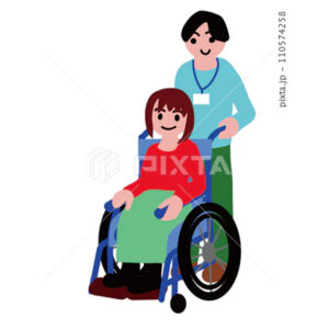 車椅子に乗る若い女性と介護者