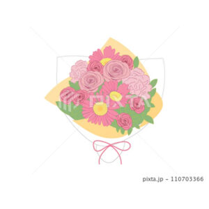 ラッピングされたピンクのバラとガーベラとカーネーションのの花束