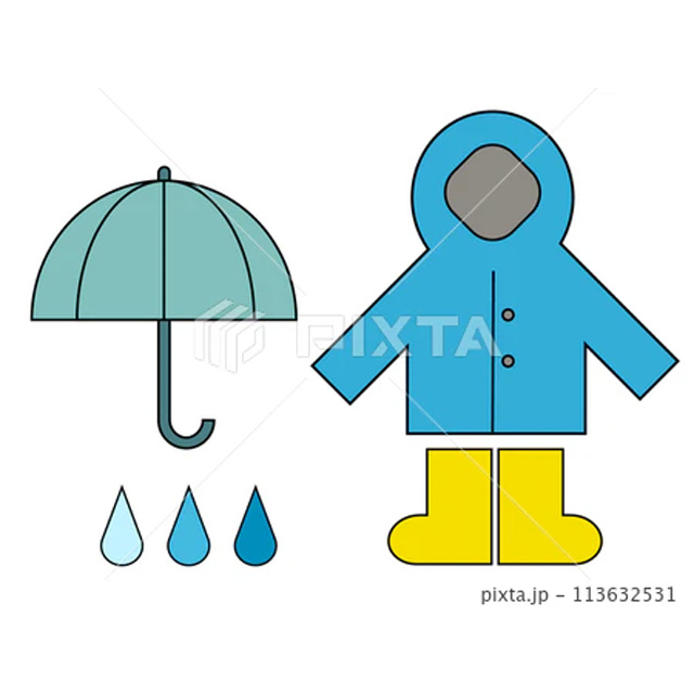 雨の日の傘とレインコートと長靴のイラスト